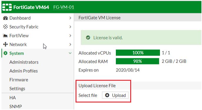 fortigate vm license cpu memory