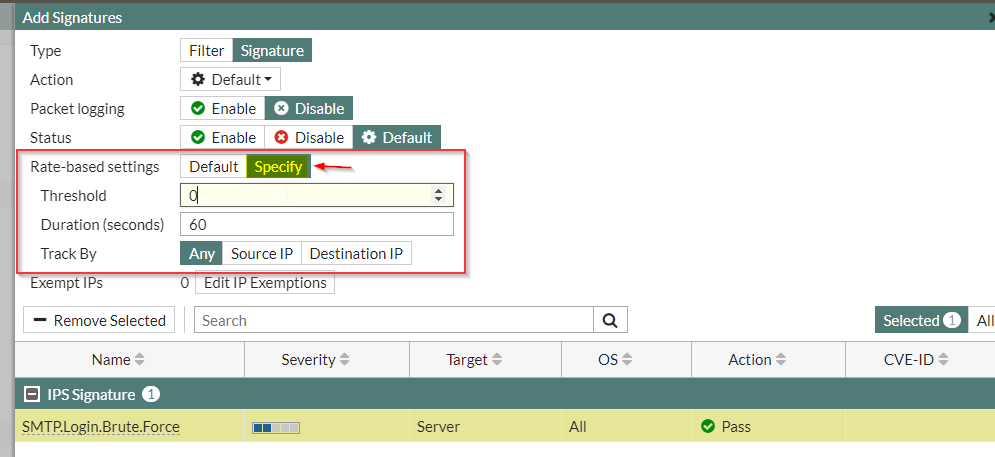 GUI IPS signature filter rate-based settings