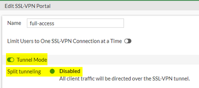 tunnel-mode SSL-VPN profile with split tunneling disabled