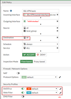 sample SSL-VPN firewall policy for internet access