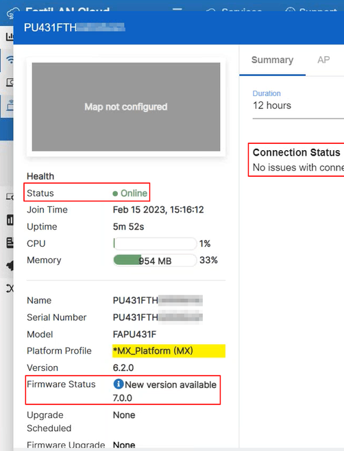 FortiAP U431F online on FortiLAN Cloud