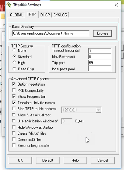 TFTP browser directory set to "firmw"