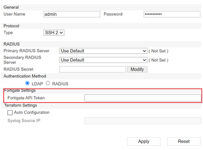 Figure 6. API token configuration for the FortiGate model.