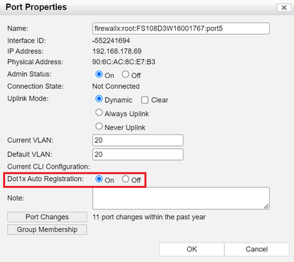 Figure 8. Dot1.X Auto registration setting for individal port.