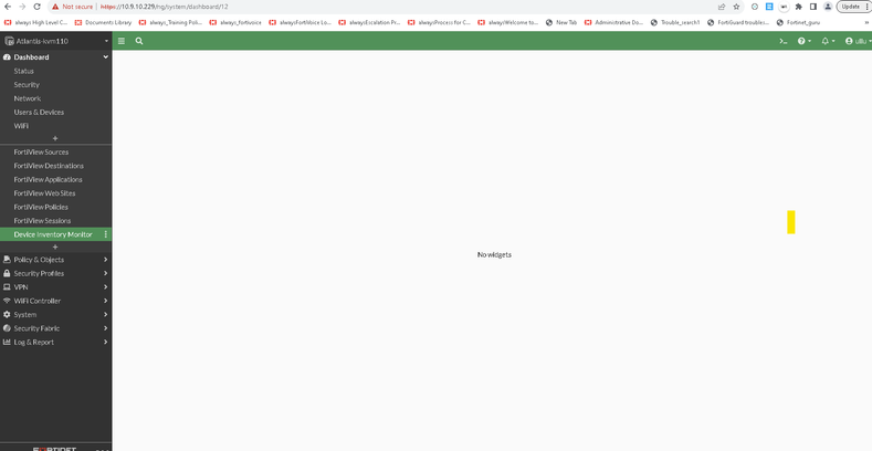 Device inventory shows "no widgets"