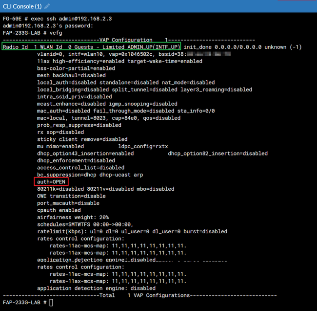 Log into the AP and proof the VAP configured is propagating the VAP with OPEN authentication