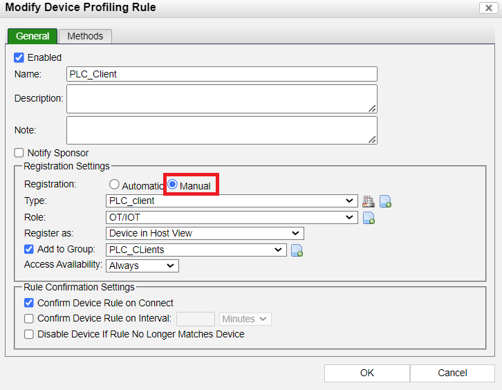 Figure 8. Manual registration setting in the Device profiling rule.