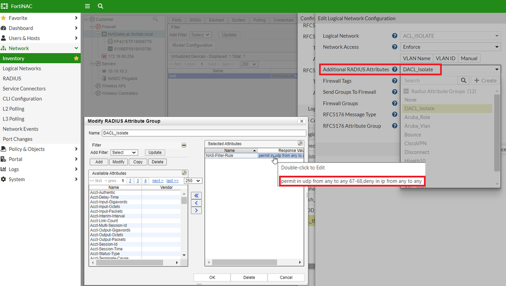 Figure 1. Configuring the Radius Attribute Group entry for NAS-Filter-Rule and ACL paramteres.