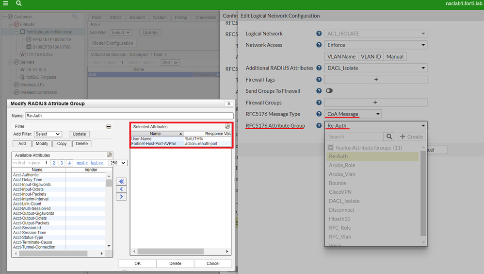 Figure 2. Configure CoA Message attributes for user session reauthentication.