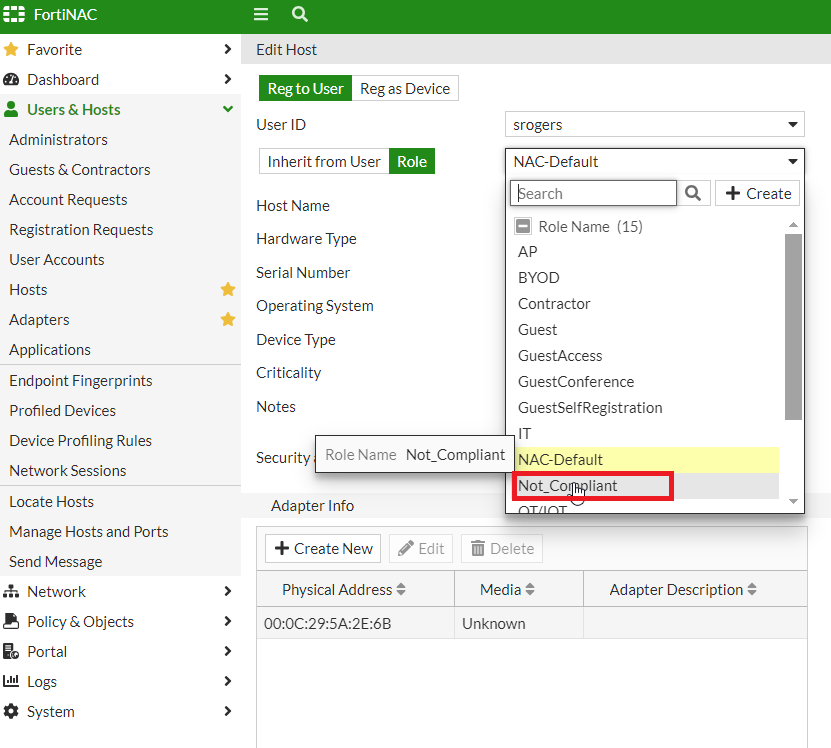 Figure 5. Manually changing the Host role to trigger a user session reauthentication.