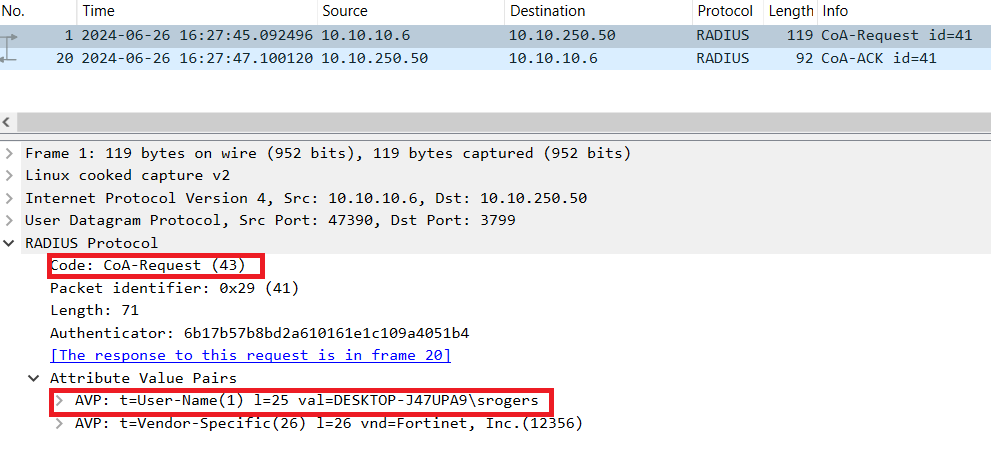 Figure 6. CoA Message exchange for the user session in Wireshark.