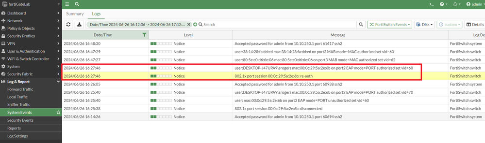 Figure 7. FortiGate Log events related to FortiSwitch port changes.