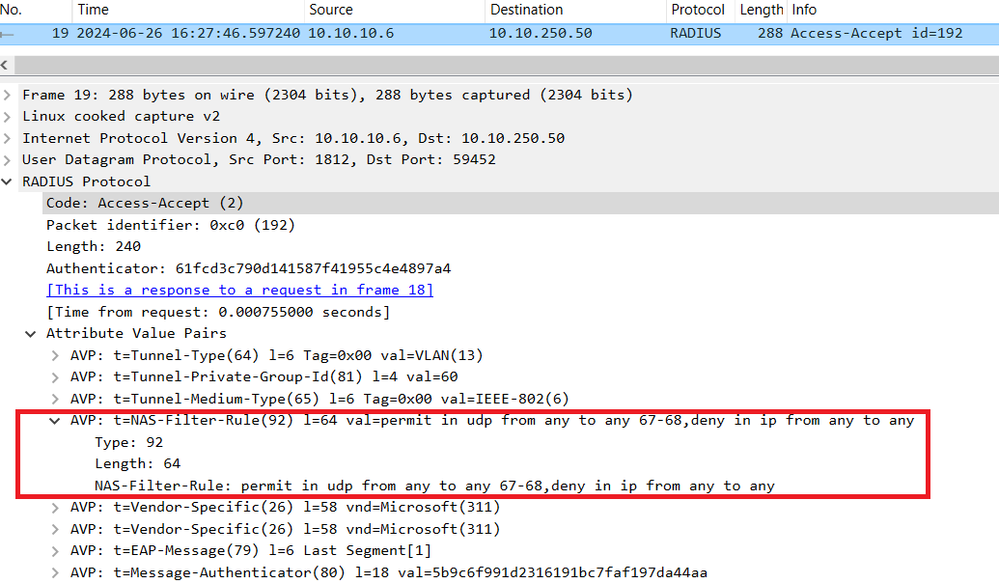 Figure 8. FortiNAC sends DACL through RADIUS Accept-Accept after successful user reauthentication.