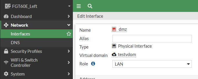 dmz interface with existing references in testvdom. Note that the Virtual Domain dropdown is no longer accessible.