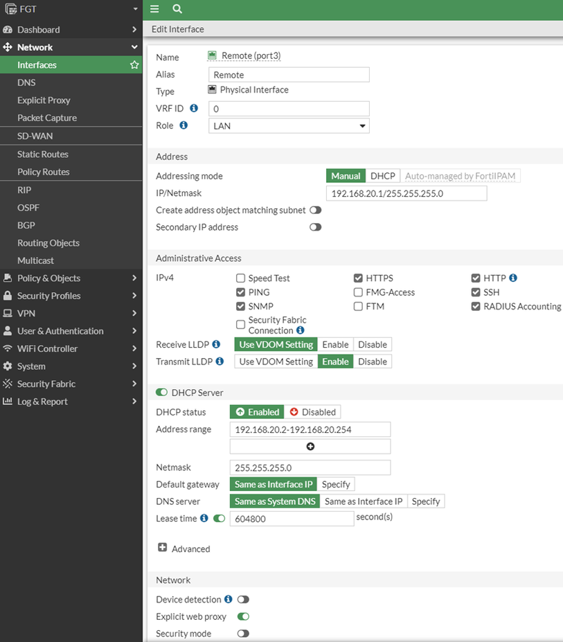 Figure 3. FortiGate Interface Configuration where Explicit proxy will listen for requests.