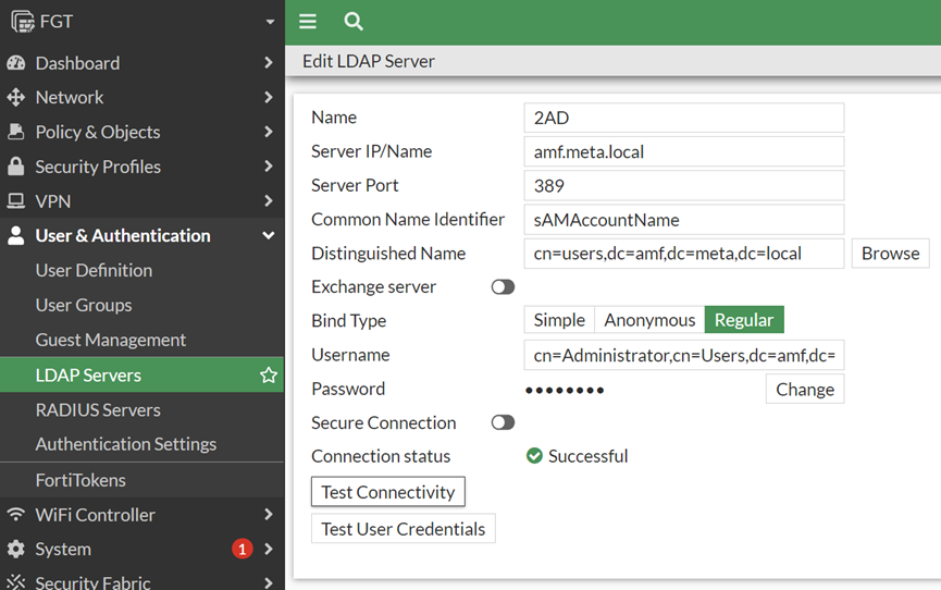 Figure 4. LDAP Server configuration in FortiGate