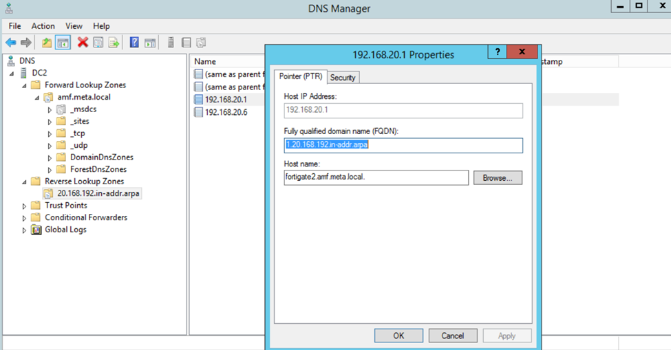 Figure 7. DNS PTR record configuration for FortiGate