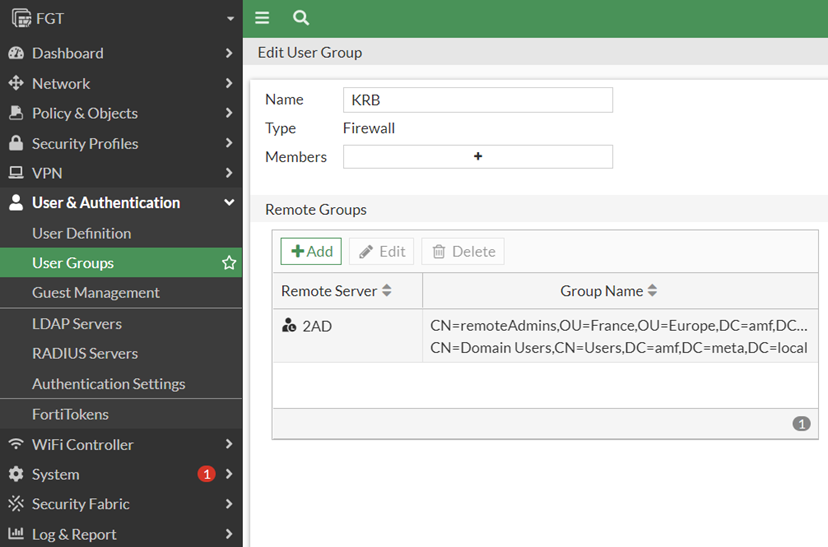 Figure 9. Group configuration to be used with kerberos authentication.