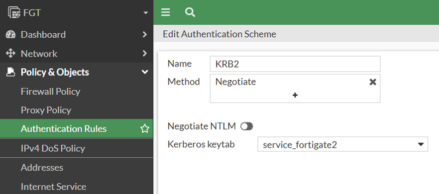 Figure 10. Authentication Scheme configuration in FortiGate