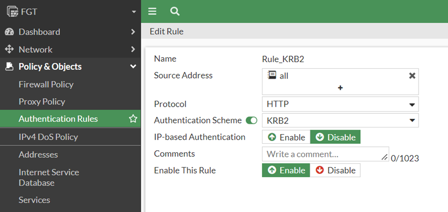 Figure 11. Authentication Rule configuration in FortiGate.