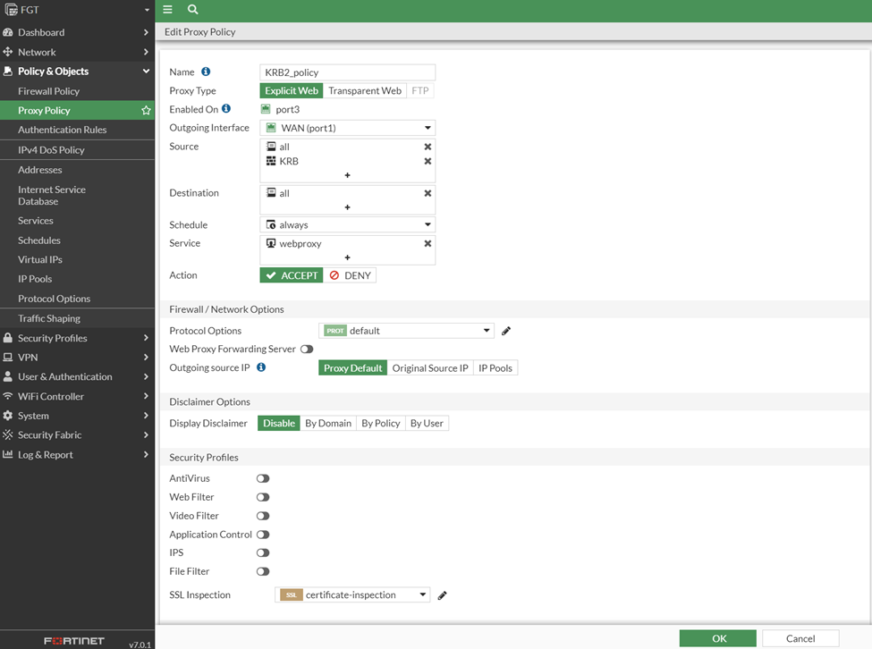 Figure 12. Configuring the Explicit proxy policy in FortiGate.