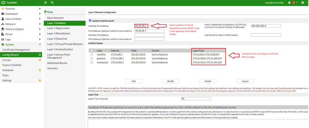 Figure 1. Isolation subnets definition in the configuration wizard.