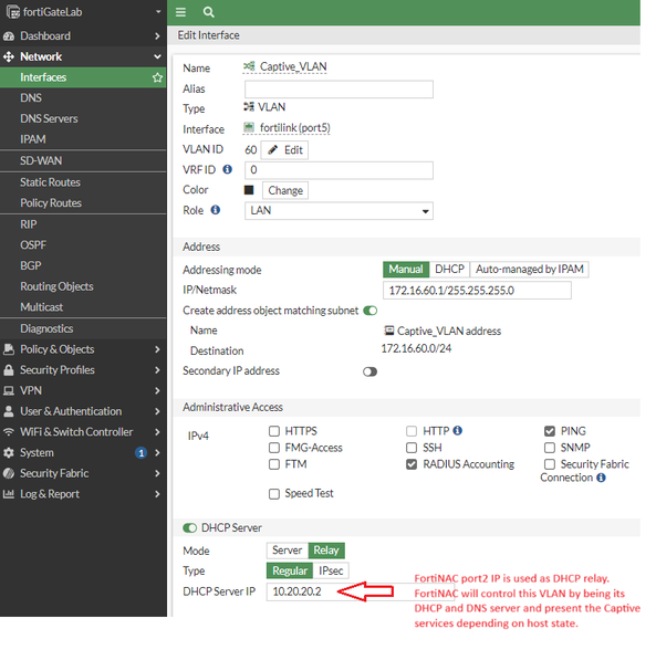 Figure 2. Isolation VLAN gateway and DHCP relay configuration.