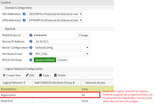 Figure 3. Registration Logical network enabled and using Isolation VLAN ID as access value.