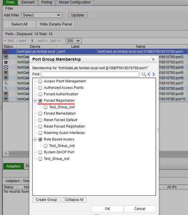 Figure 4. Port is put under enforcement by being put as member of "Forced Registration" system group.