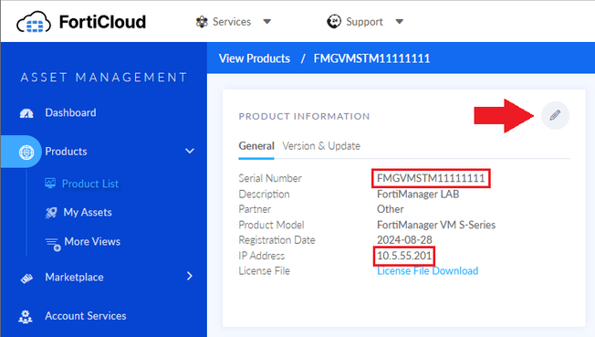 FortiManager serial number with paid license and old management IP address