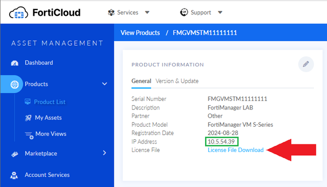 FortiManager serial number with paid license and new management IP address