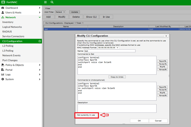 Figure 1. CLI configuration being marked as "Not currently in use"