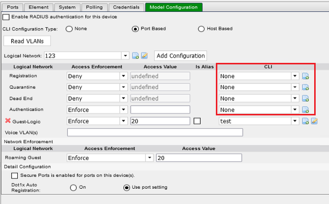 Figure 2. CLI configuration "test" is not enabled to any of the Control States Logical networks.