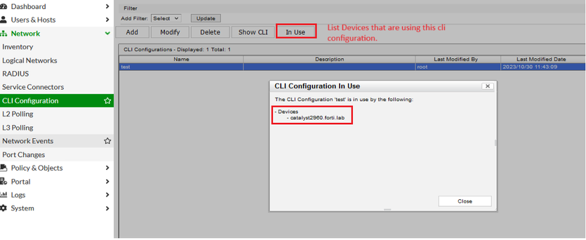 Figure 3. Device listed with CLI configuration "test" in use.