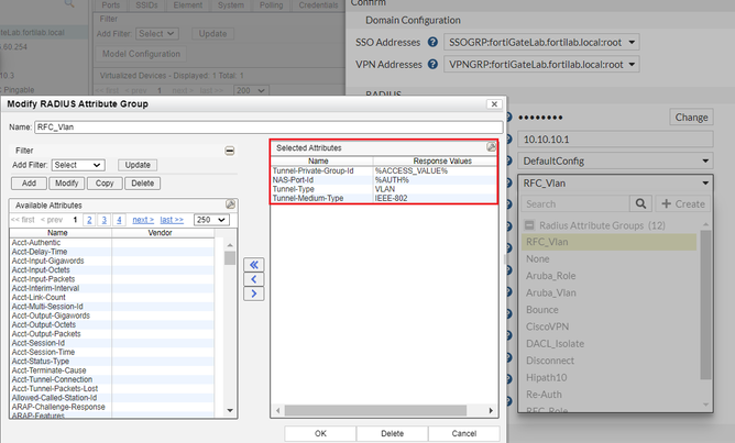 Figure 1. Radius Attribute group selection for "RFC Vlan" setting.