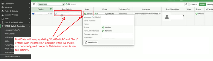 Figure 2. FortiSwitch Clients view in FortiGate shows Uplink Ports and incorrect Switch as direct connection location of Host.