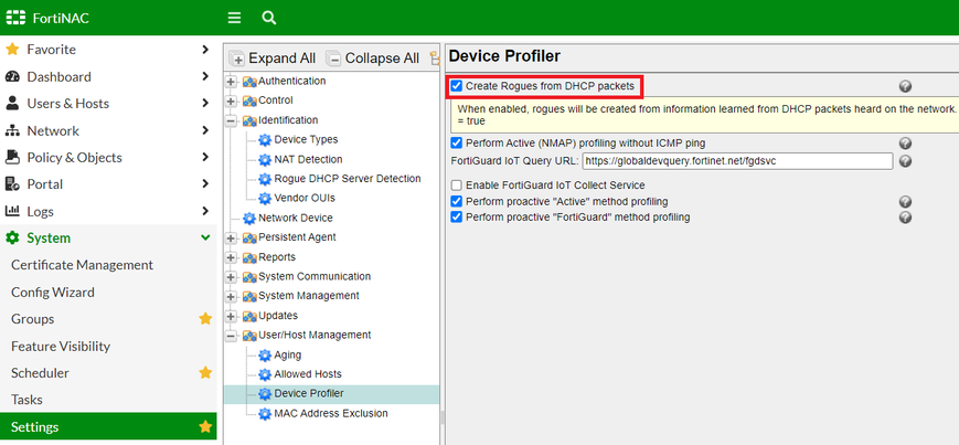 Figure 1. Enable the option to create Rogue entries from received DHCP packets.