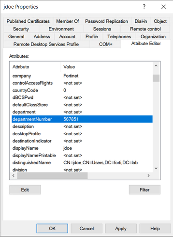 Figure 1. Use "departmentNumber" attribute for Role based access in FortiNAC.