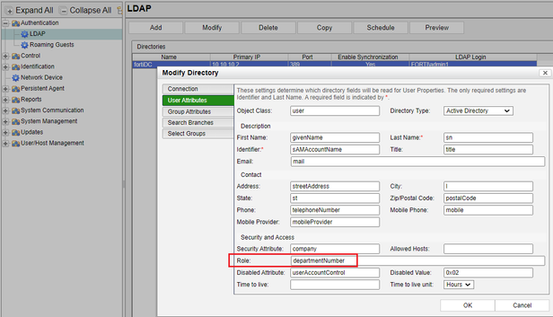 Figure 2. Using a Directory attribute as Role entry in FortiNAC LDAP configuration..