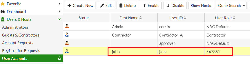 Figure 4. User Role assignment verification in FortiNAC User accounts