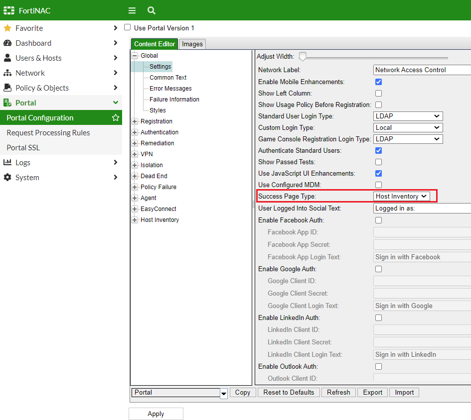 Figure 1. Enable 'Host Inventory' success page in Global settings.