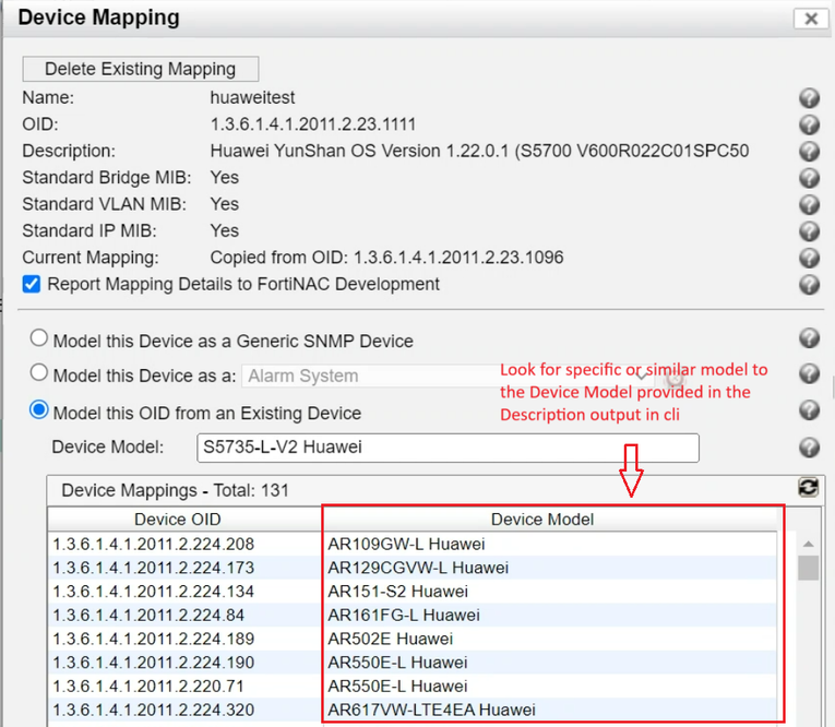 Figure 1. Looking for Device Model in the mapping menu.