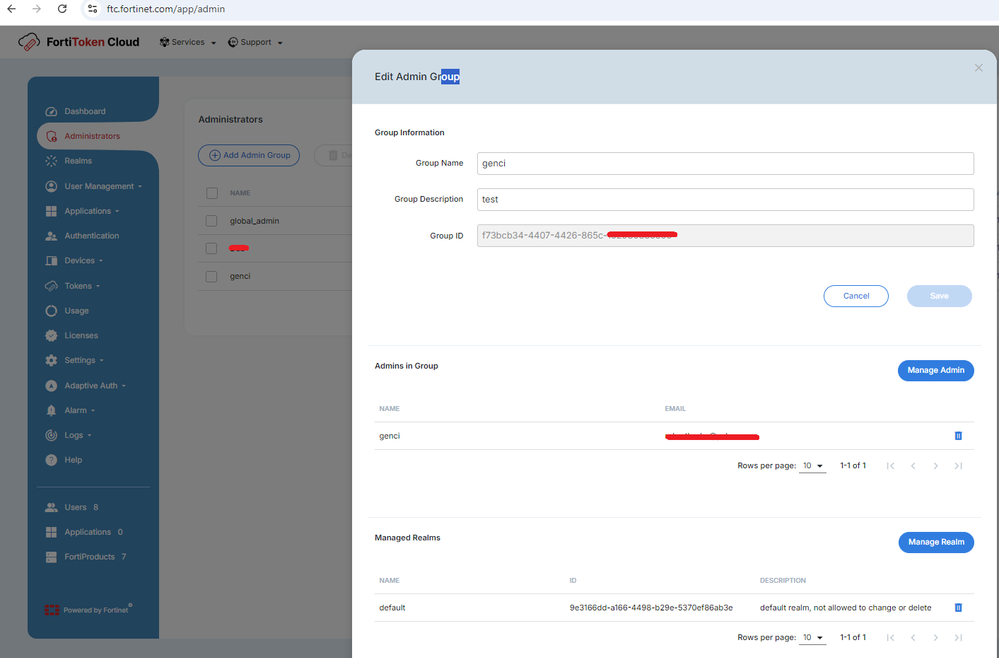 Figure 7. Add user part of Admin Group in FortiToken Cloud