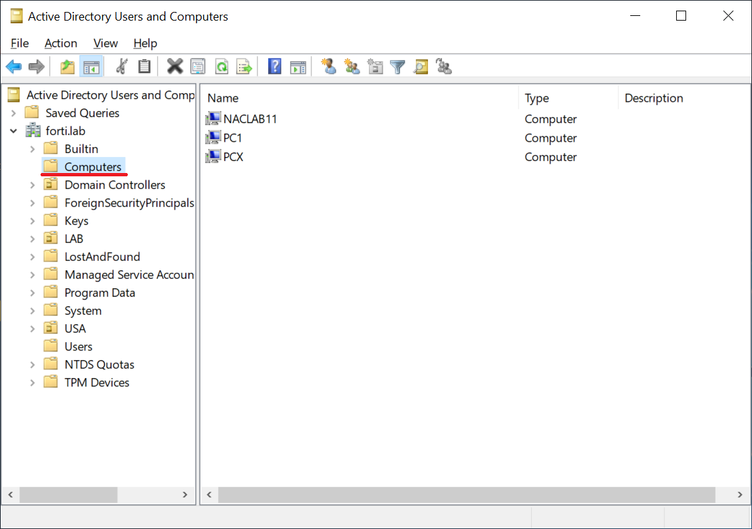 Figure 2. Select Container where the FortiNAC object will be created after the Join process.