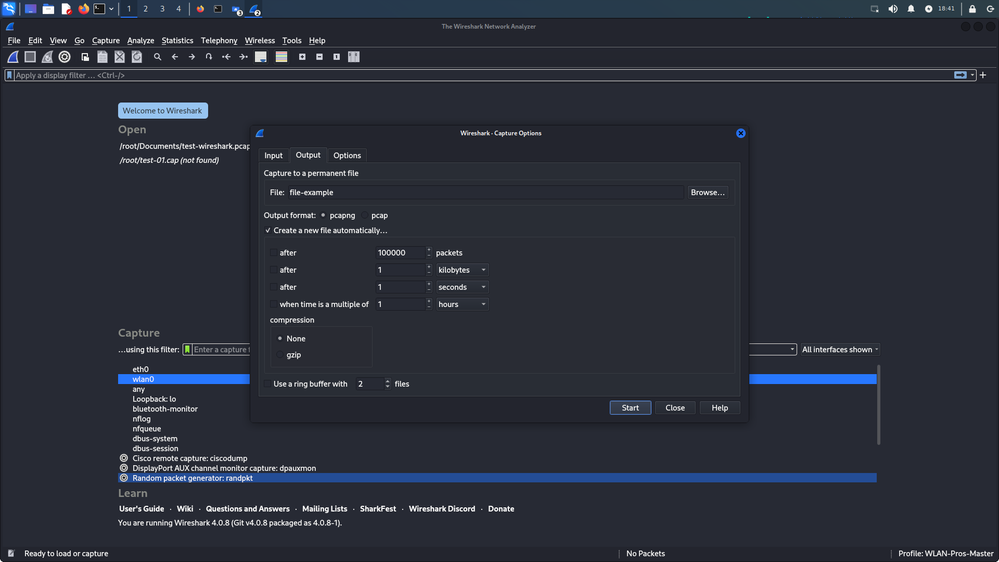 Selecting wlan0 to capture and setting capture options