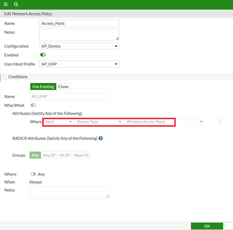 Figure 2. Network Access Policy Configuration for AP device type matching.