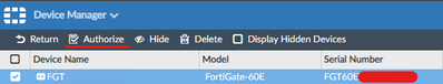 FortiAnalyzer Web GUI demonstrating how to authorize an unauthorized FortiGate