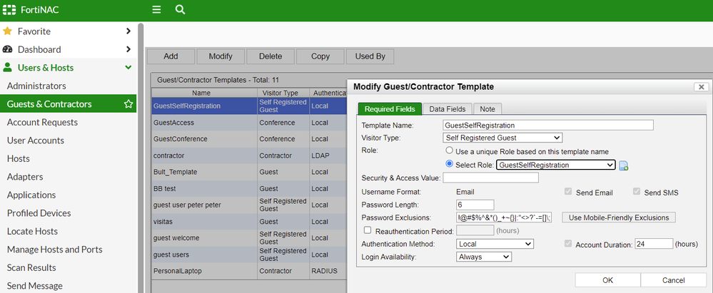 Figure 2. Guest Template configuration for self registering guests.