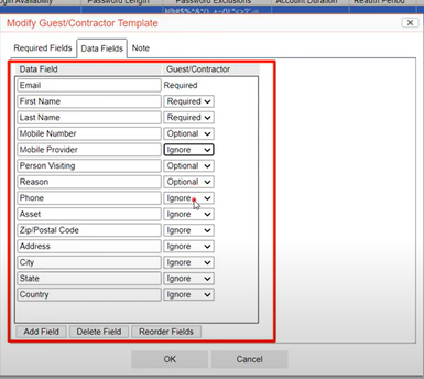 Figure 3. Set the required "Data Fields" that must be filled by guest during the registration process.