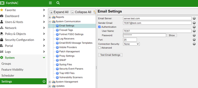 Figure 10. Email Server configuration options.